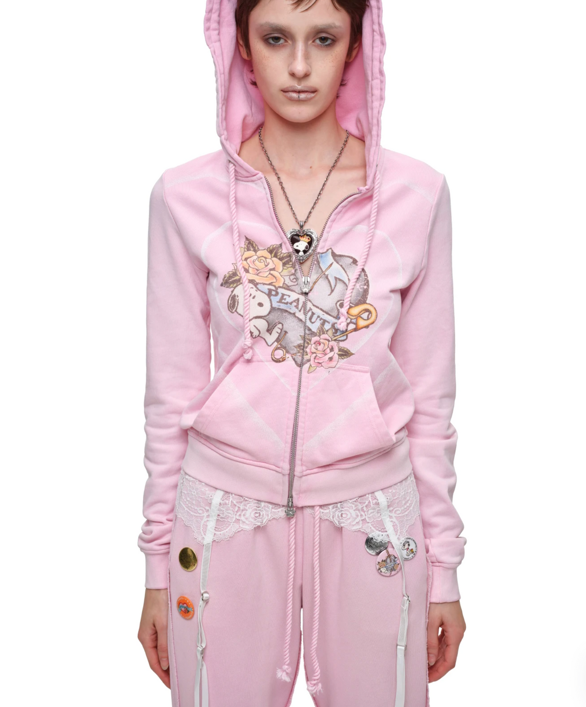 PEANUTS VINTAGE HEART GRAPHIC ZIP HOODIE & LOUNGE PANTS – WASHED BLACK