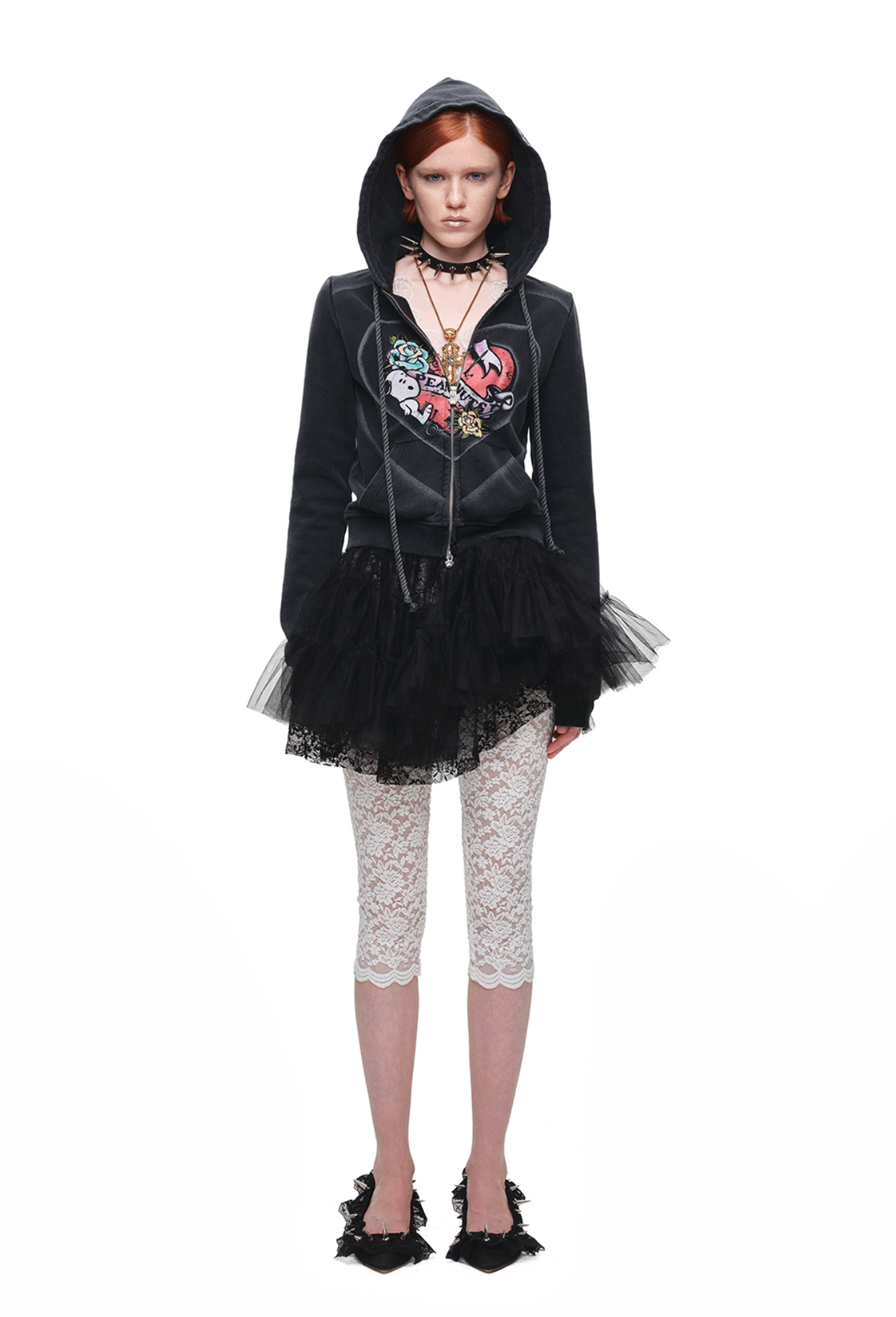 PEANUTS VINTAGE HEART GRAPHIC ZIP HOODIE & LOUNGE PANTS – WASHED BLACK