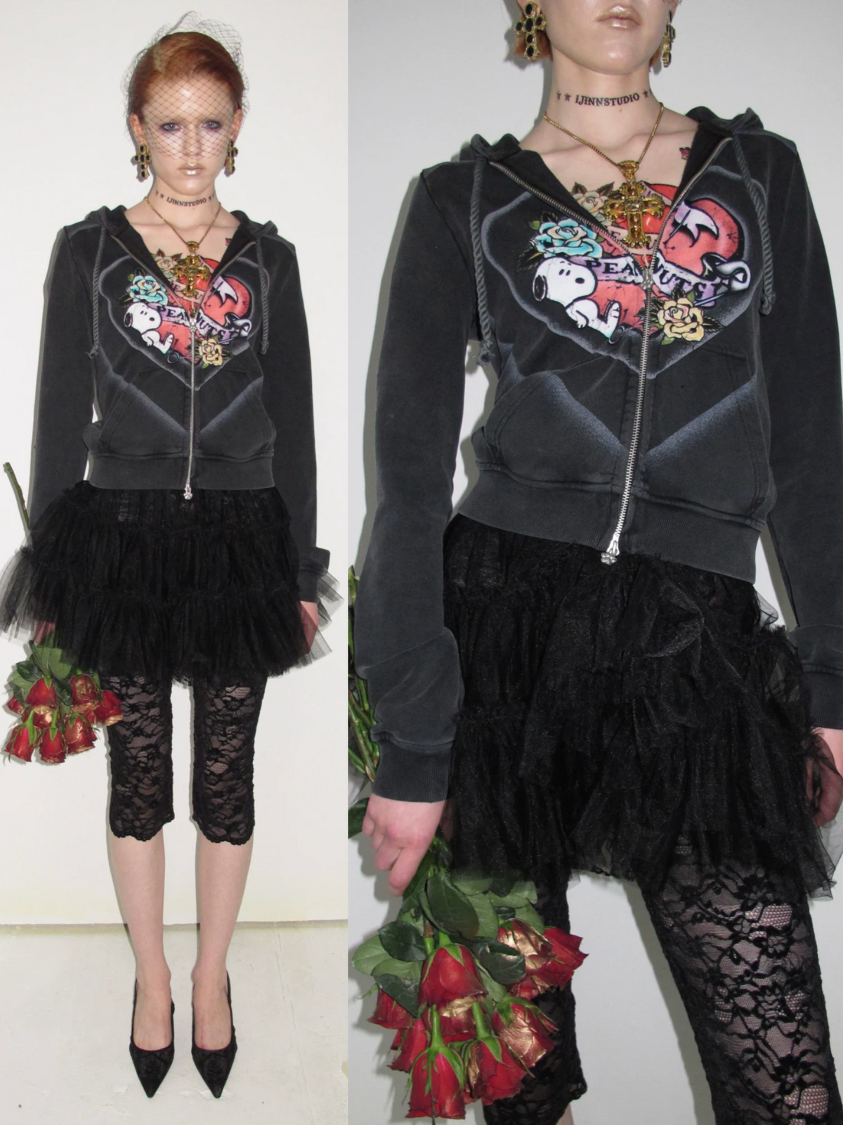 PEANUTS VINTAGE HEART GRAPHIC ZIP HOODIE & LOUNGE PANTS – WASHED BLACK