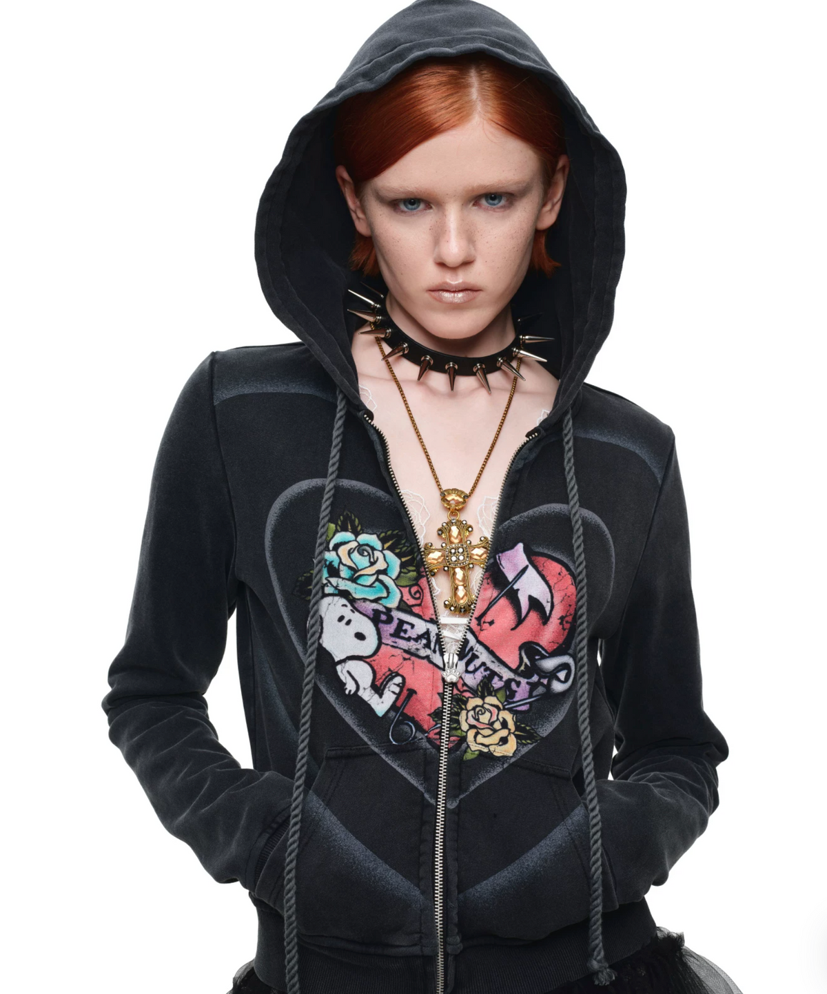 PEANUTS VINTAGE HEART GRAPHIC ZIP HOODIE & LOUNGE PANTS – WASHED BLACK