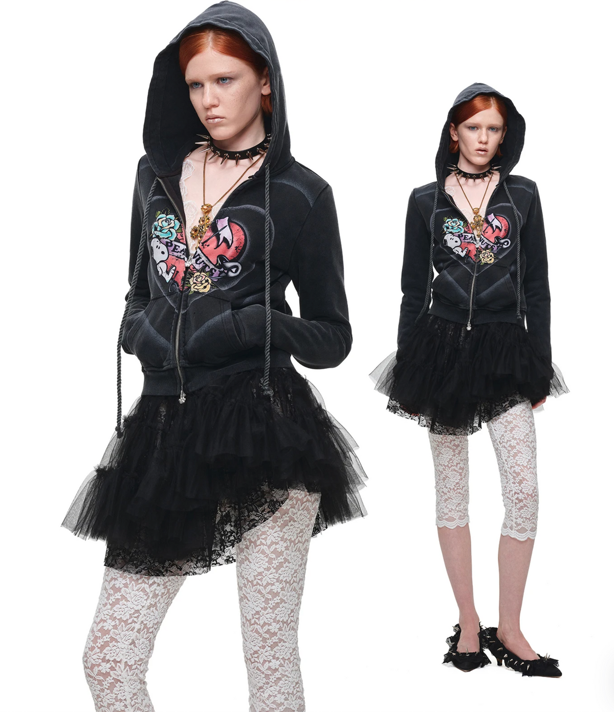 PEANUTS VINTAGE HEART GRAPHIC ZIP HOODIE & LOUNGE PANTS – WASHED BLACK