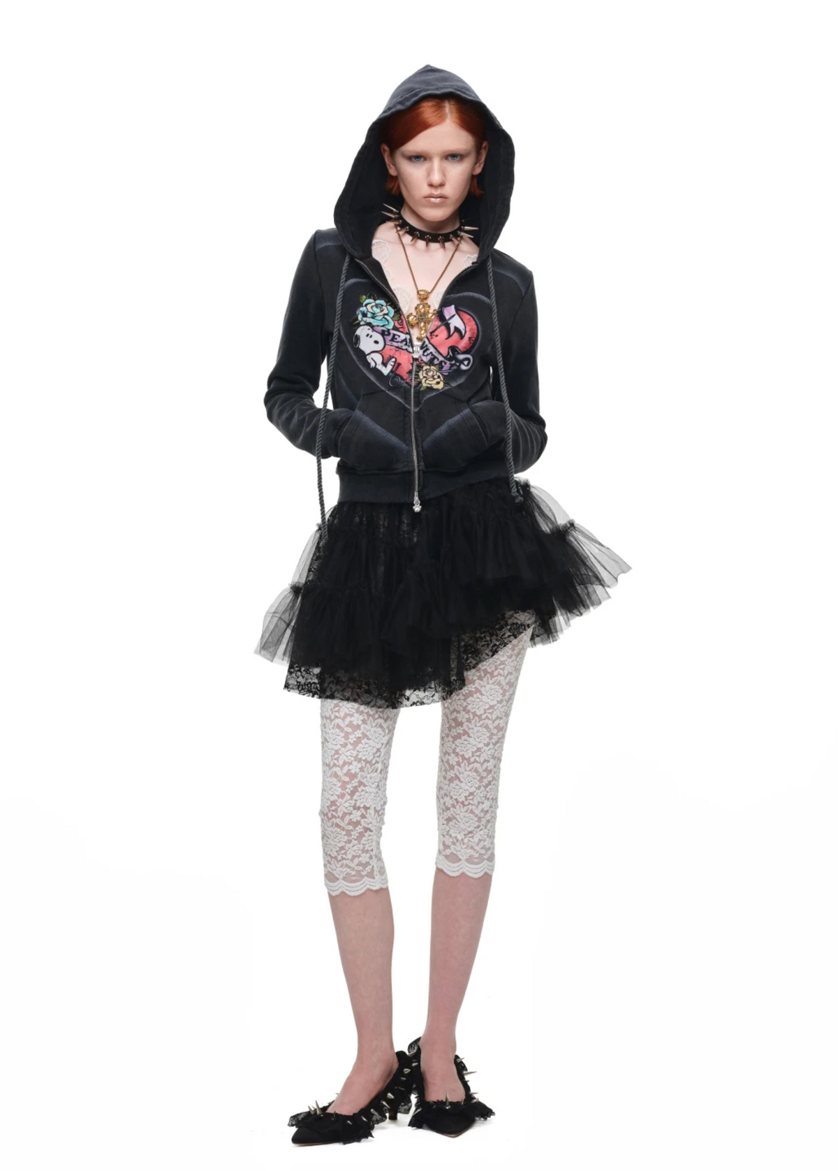 PEANUTS VINTAGE HEART GRAPHIC ZIP HOODIE & LOUNGE PANTS – WASHED BLACK