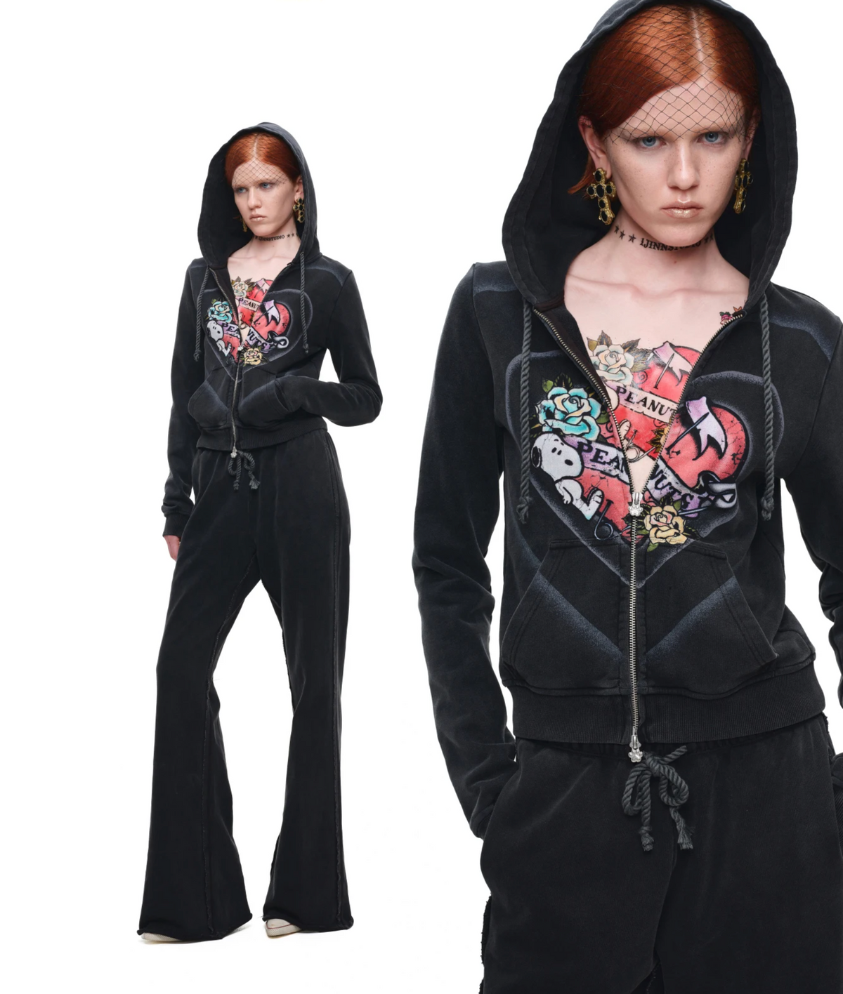 PEANUTS VINTAGE HEART GRAPHIC ZIP HOODIE & LOUNGE PANTS – WASHED BLACK