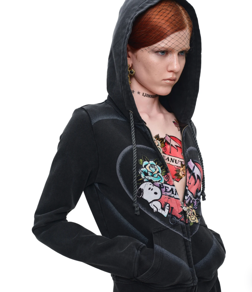 PEANUTS VINTAGE HEART GRAPHIC ZIP HOODIE & LOUNGE PANTS – WASHED BLACK