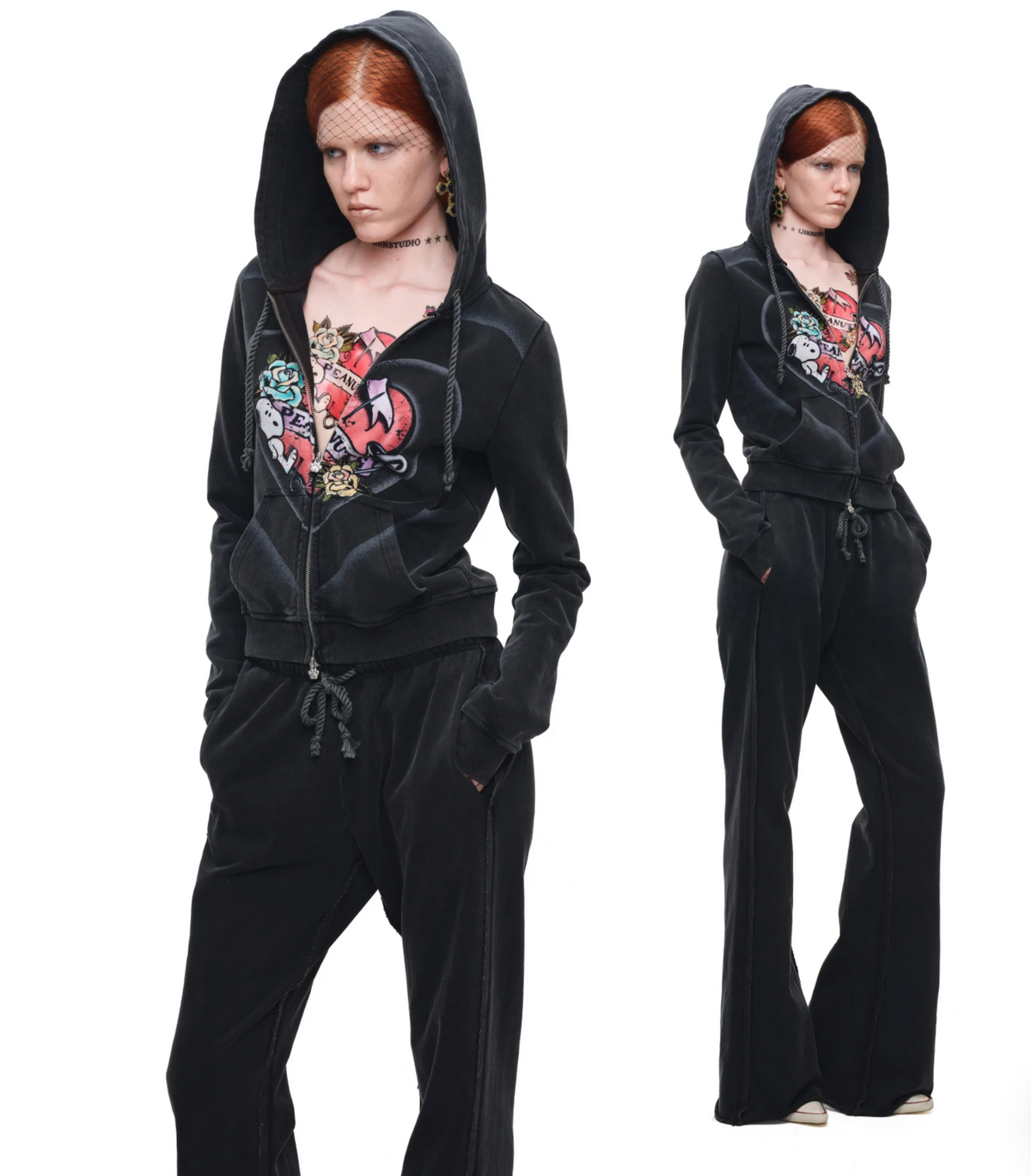 PEANUTS VINTAGE HEART GRAPHIC ZIP HOODIE & LOUNGE PANTS – WASHED BLACK