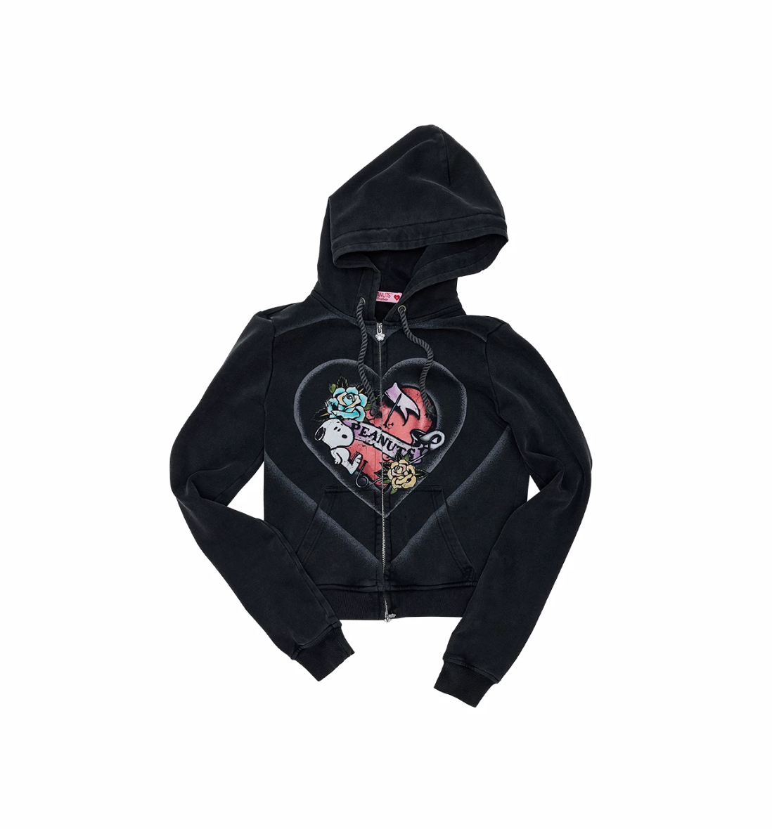 PEANUTS VINTAGE HEART GRAPHIC ZIP HOODIE & LOUNGE PANTS – WASHED BLACK