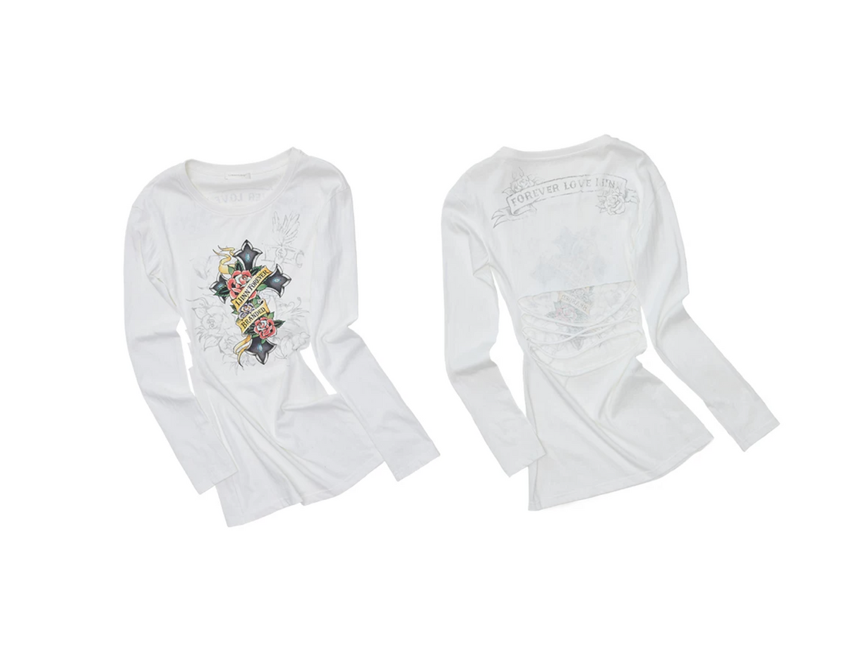 1JINN VINTAGE TATTOO CROSS & ROSE OPEN-BACK LONGLINE TOP or MINI DRESS – 2colors
