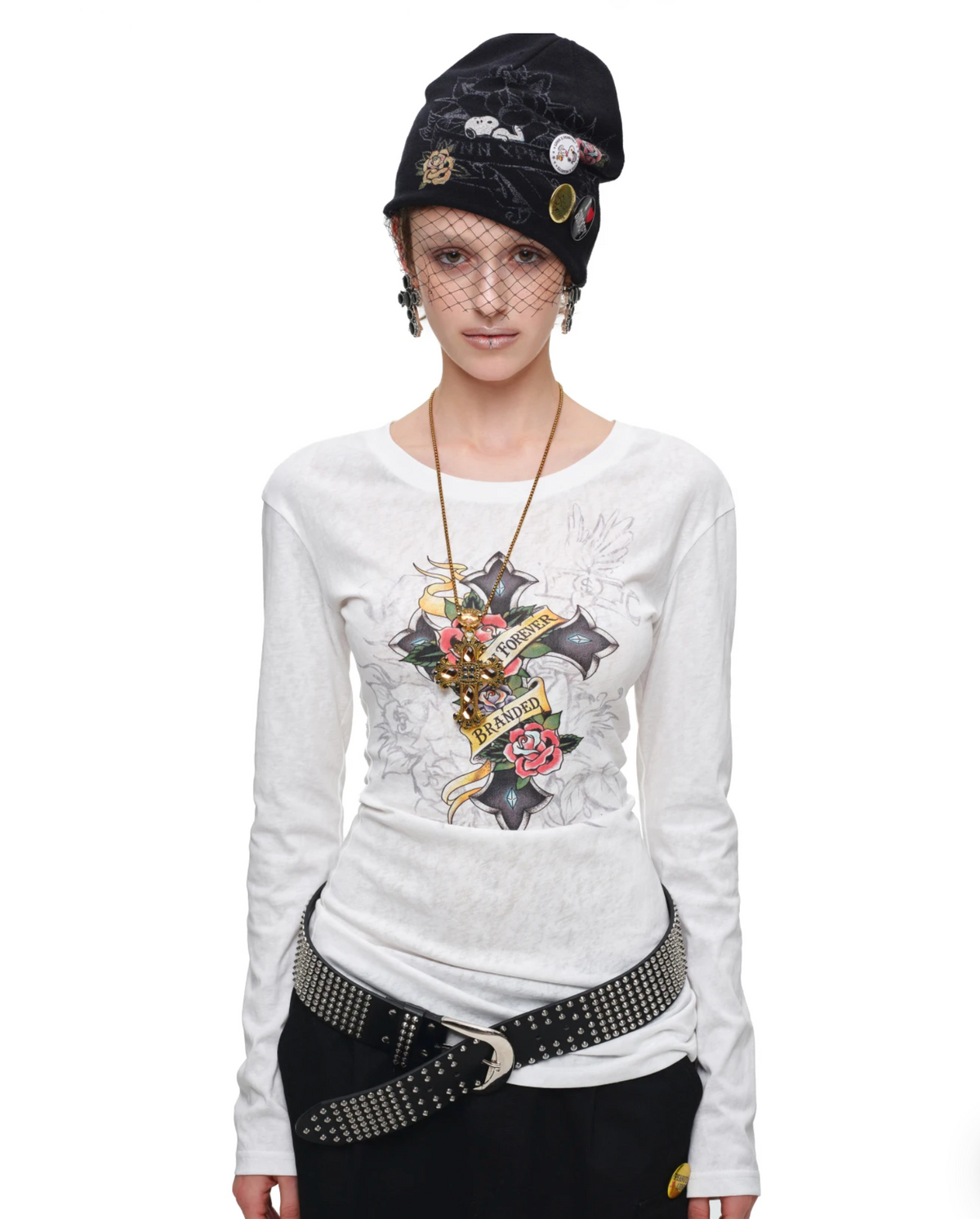 1JINN VINTAGE TATTOO CROSS & ROSE OPEN-BACK LONGLINE TOP or MINI DRESS – 2colors