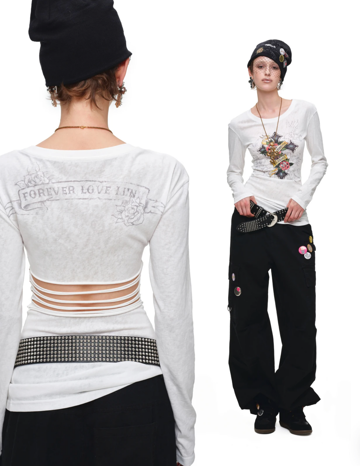 1JINN VINTAGE TATTOO CROSS & ROSE OPEN-BACK LONGLINE TOP or MINI DRESS – 2colors