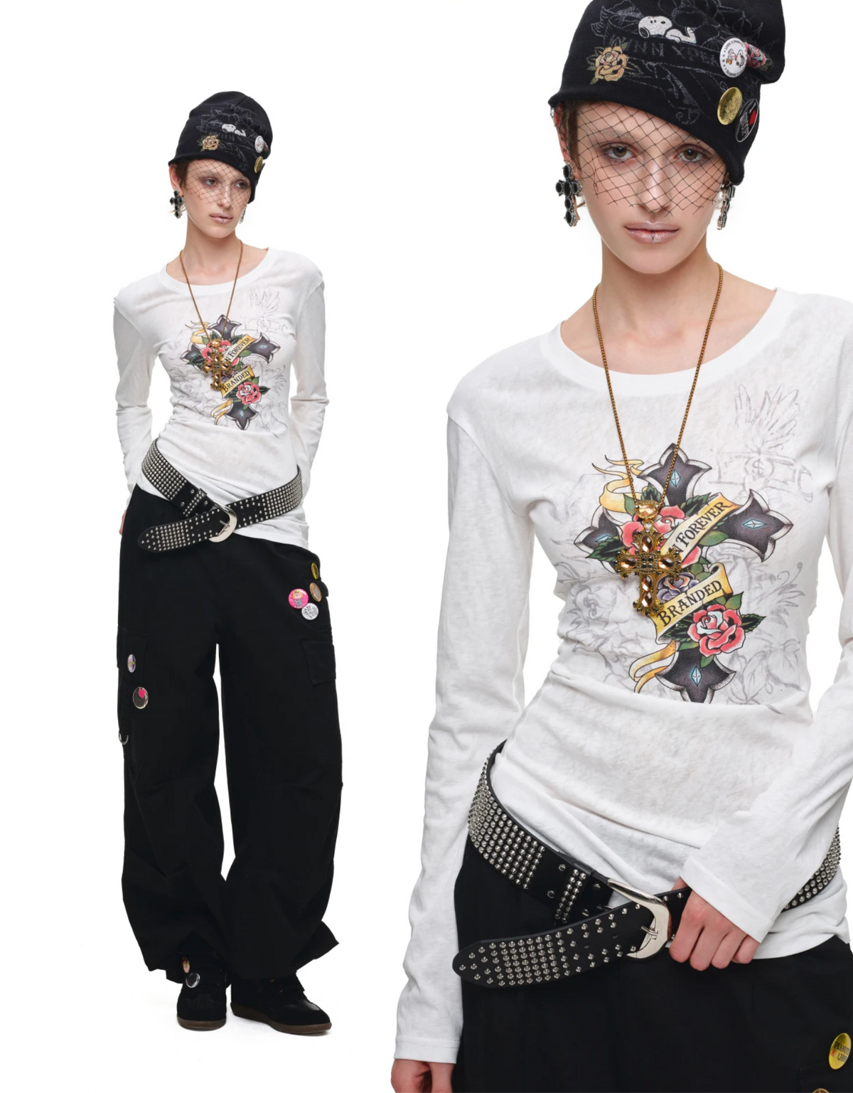 1JINN VINTAGE TATTOO CROSS & ROSE OPEN-BACK LONGLINE TOP or MINI DRESS – 2colors