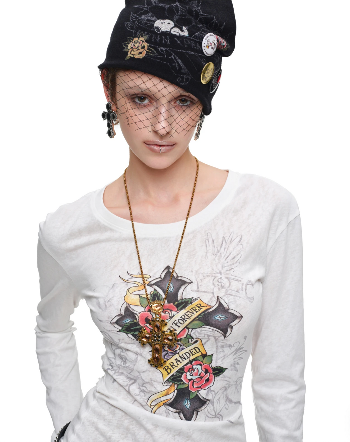 1JINN VINTAGE TATTOO CROSS & ROSE OPEN-BACK LONGLINE TOP or MINI DRESS – 2colors