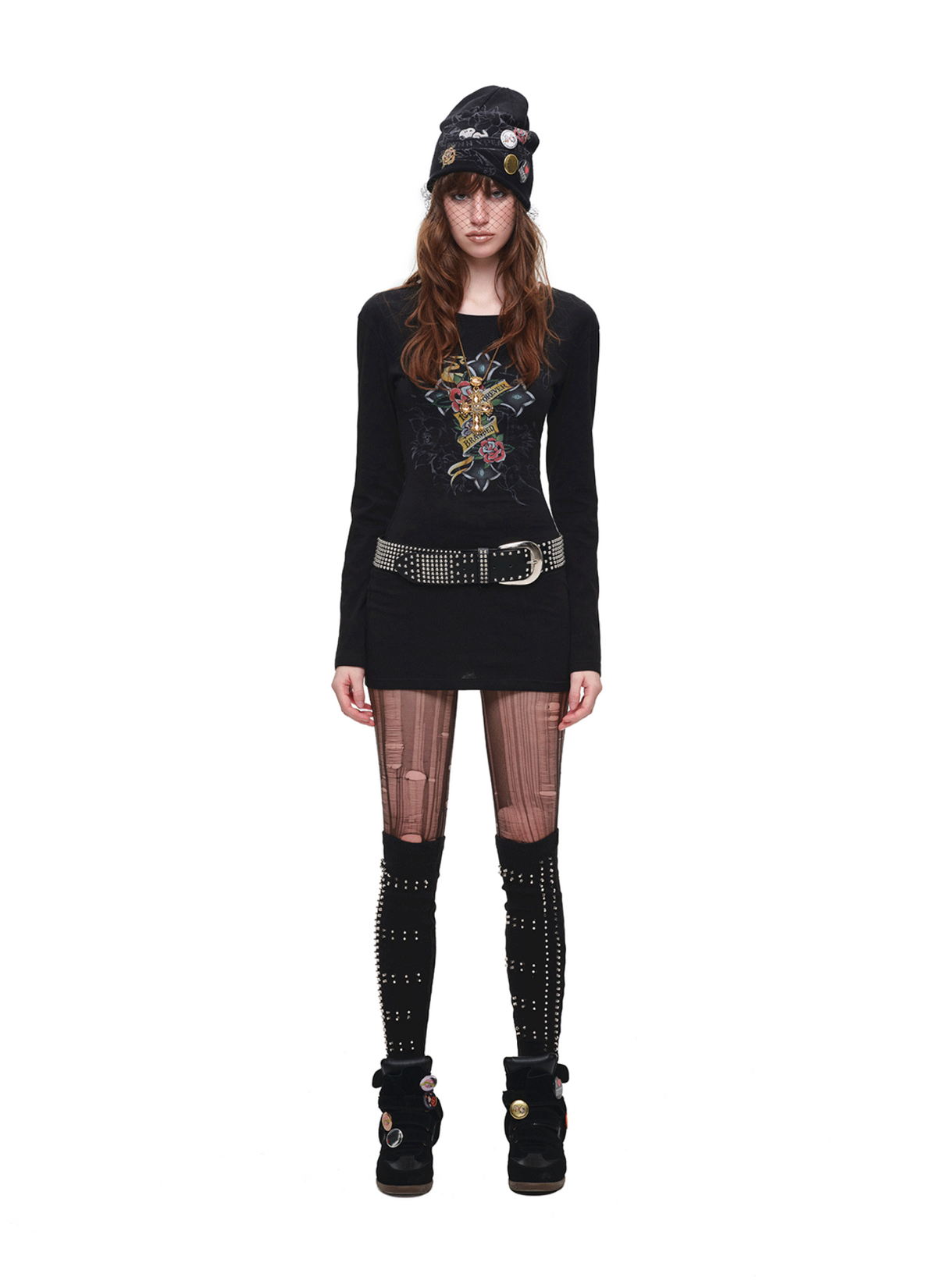 1JINN VINTAGE TATTOO CROSS & ROSE OPEN-BACK LONGLINE TOP or MINI DRESS – BLACK