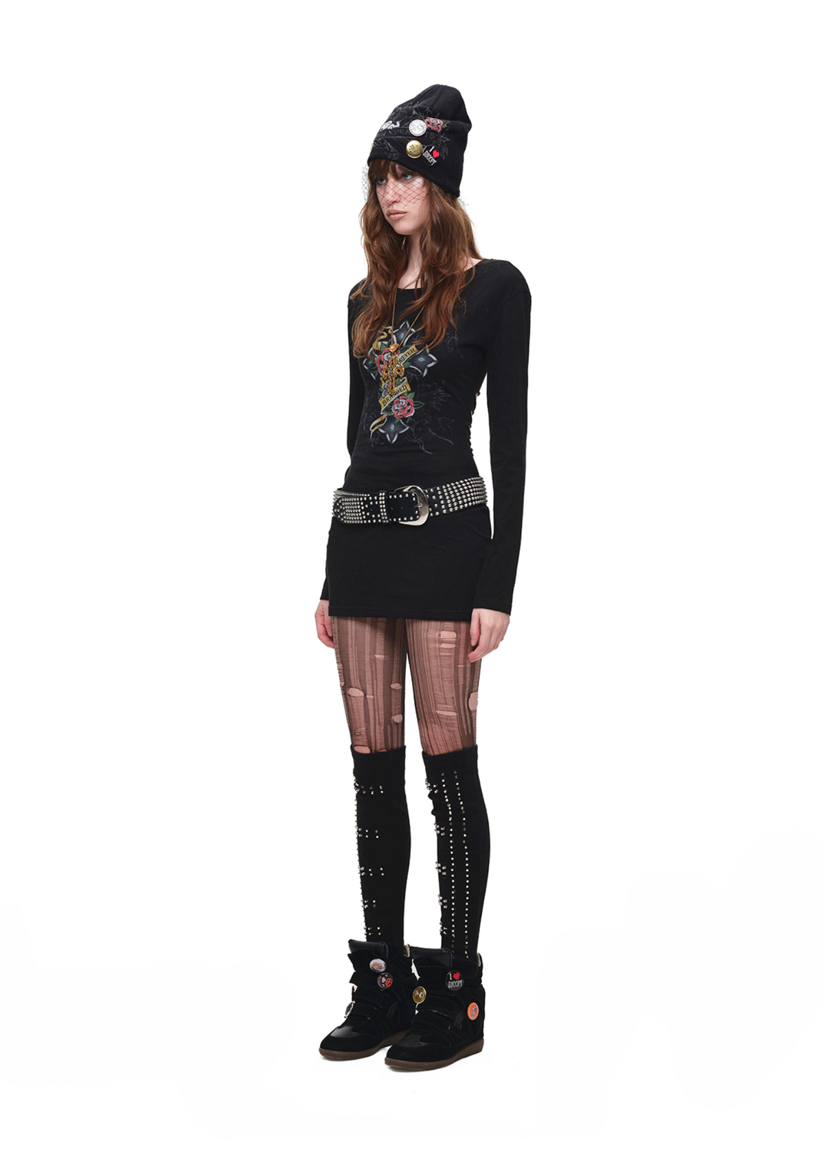 1JINN VINTAGE TATTOO CROSS & ROSE OPEN-BACK LONGLINE TOP or MINI DRESS – BLACK