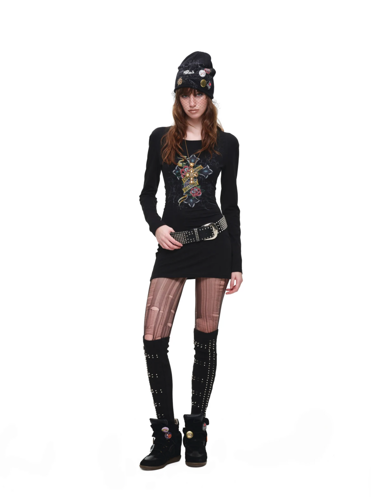 1JINN VINTAGE TATTOO CROSS & ROSE OPEN-BACK LONGLINE TOP or MINI DRESS – BLACK