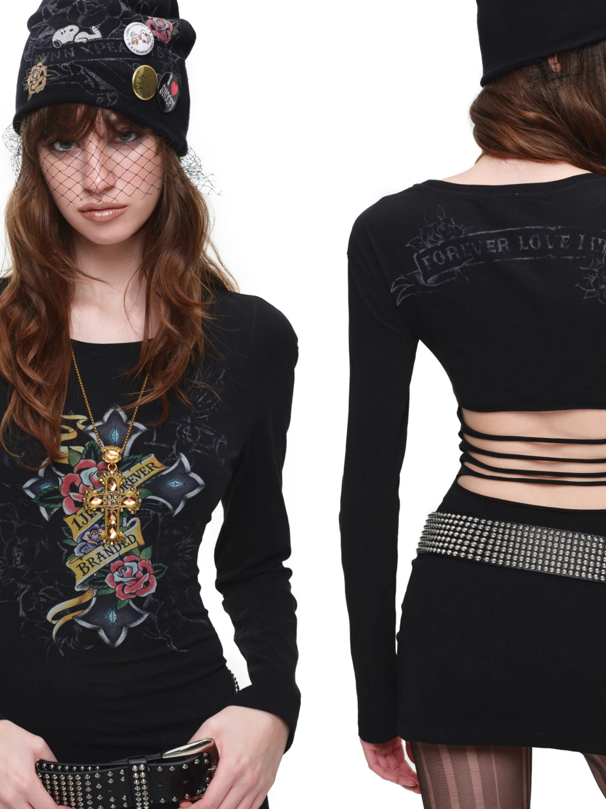 1JINN VINTAGE TATTOO CROSS & ROSE OPEN-BACK LONGLINE TOP or MINI DRESS – BLACK