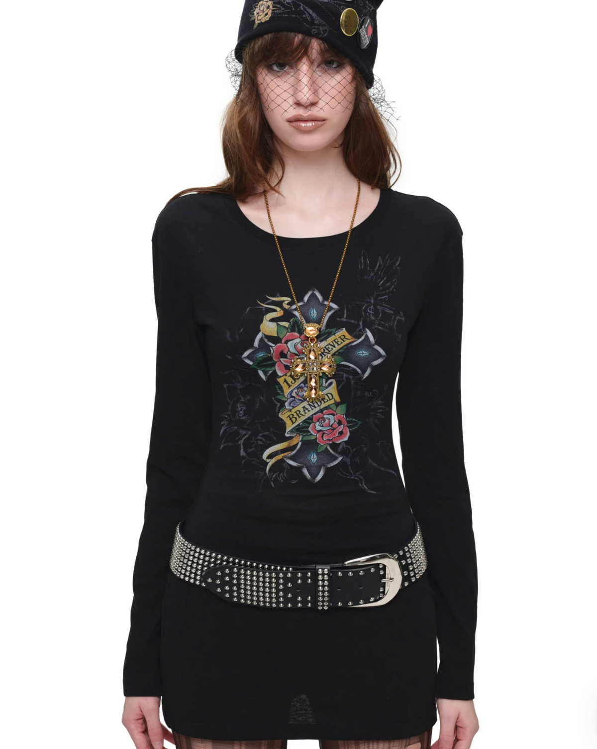 1JINN VINTAGE TATTOO CROSS & ROSE OPEN-BACK LONGLINE TOP or MINI DRESS – BLACK