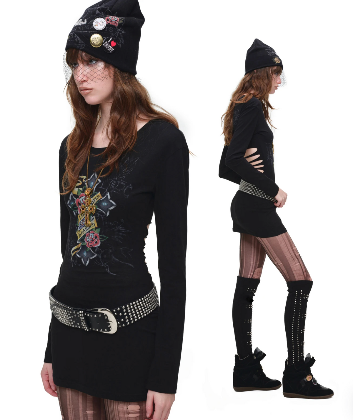 1JINN VINTAGE TATTOO CROSS & ROSE OPEN-BACK LONGLINE TOP or MINI DRESS – BLACK