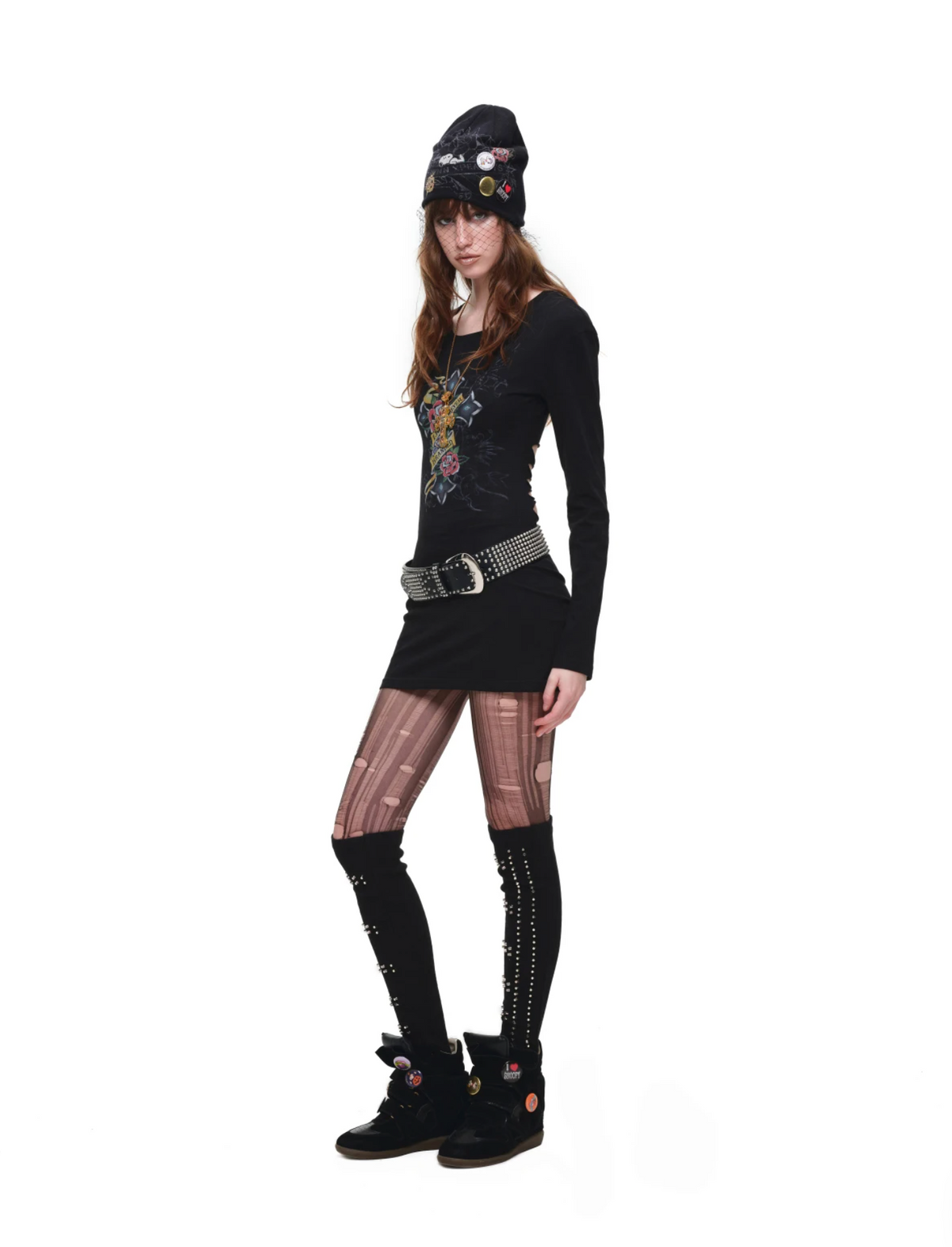 1JINN VINTAGE TATTOO CROSS & ROSE OPEN-BACK LONGLINE TOP or MINI DRESS – BLACK