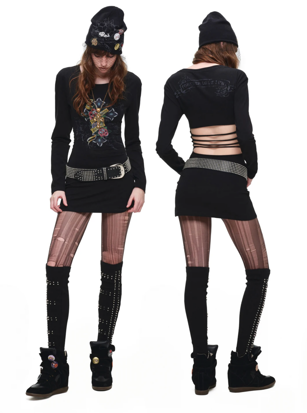 1JINN VINTAGE TATTOO CROSS & ROSE OPEN-BACK LONGLINE TOP or MINI DRESS – BLACK