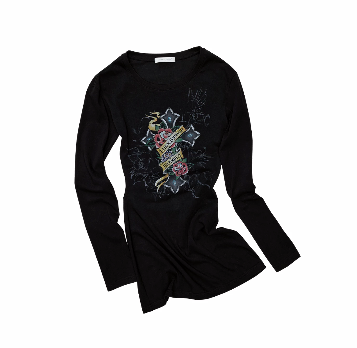 1JINN VINTAGE TATTOO CROSS & ROSE OPEN-BACK LONGLINE TOP or MINI DRESS – BLACK