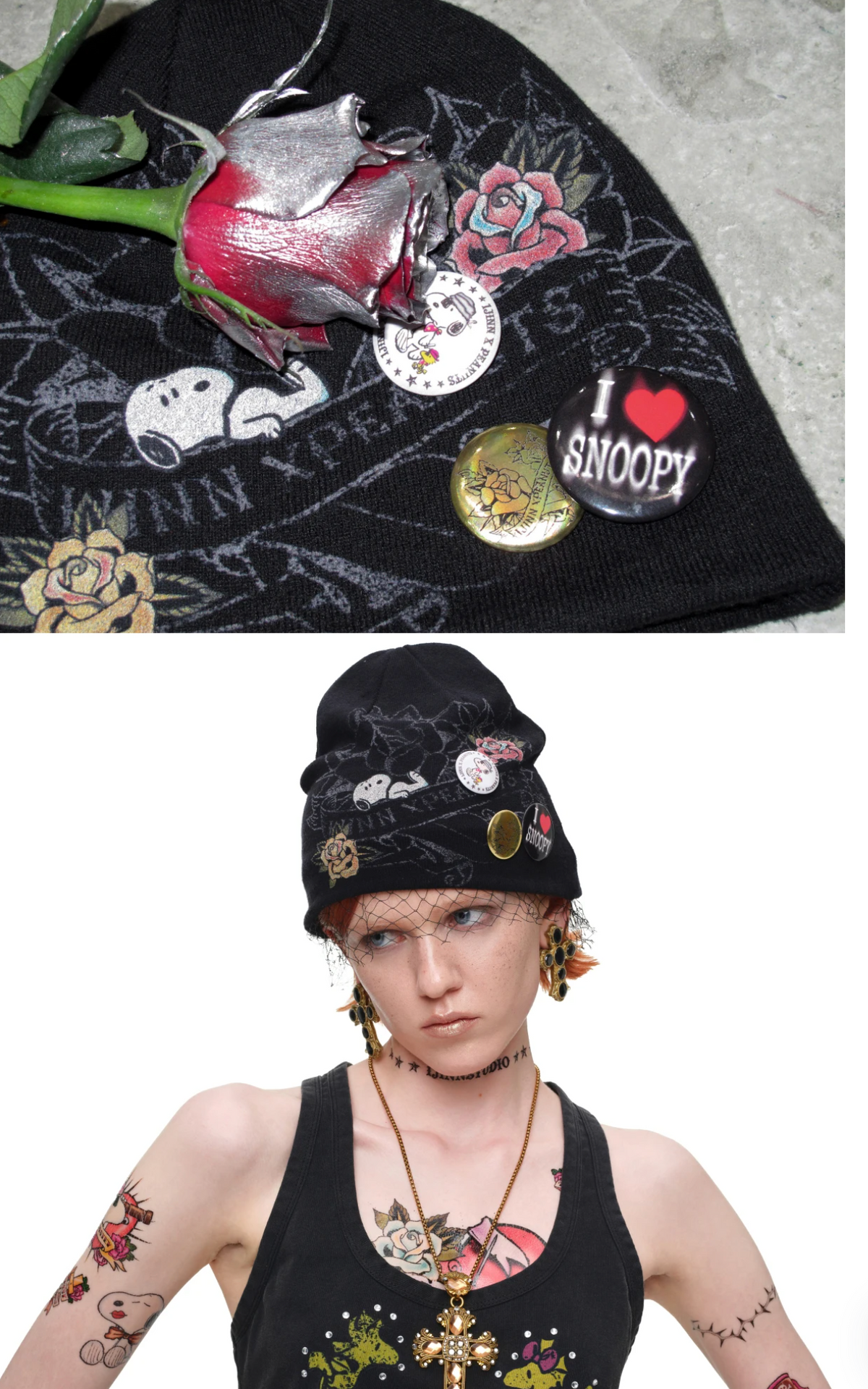 1JINN TATTOO SNOOPY GRAPHIC BEANIE WITH PIN SET – BLACK