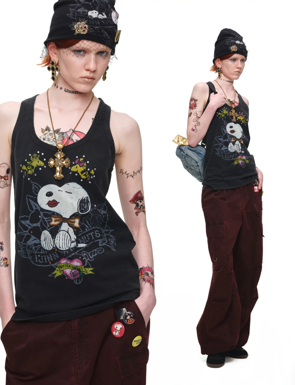 1JINN TATTOO SNOOPY GRAPHIC BEANIE WITH PIN SET – BLACK