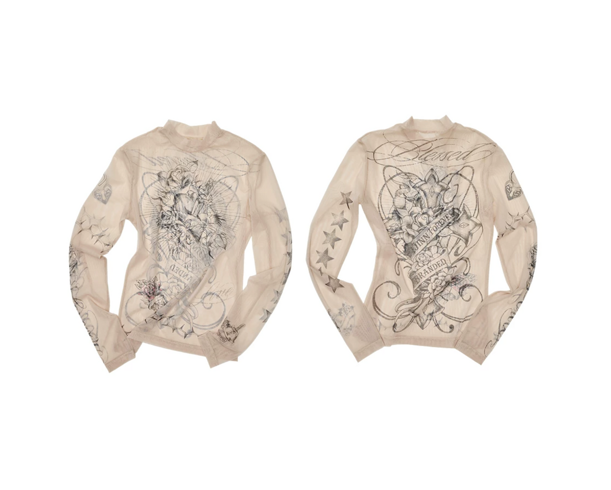 1JINN TATTOO MESH SECOND-SKIN TOP