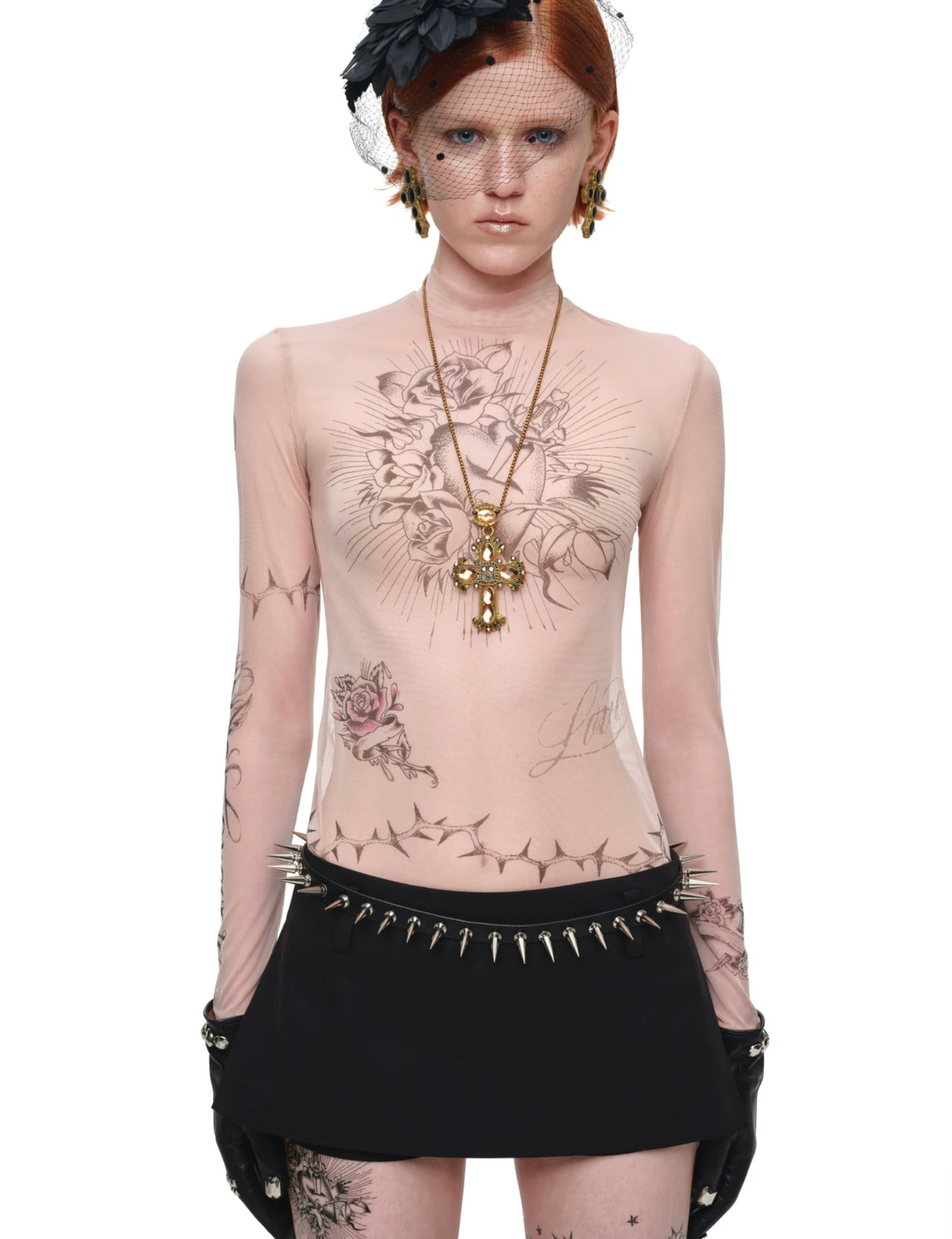 1JINN TATTOO MESH SECOND-SKIN TOP