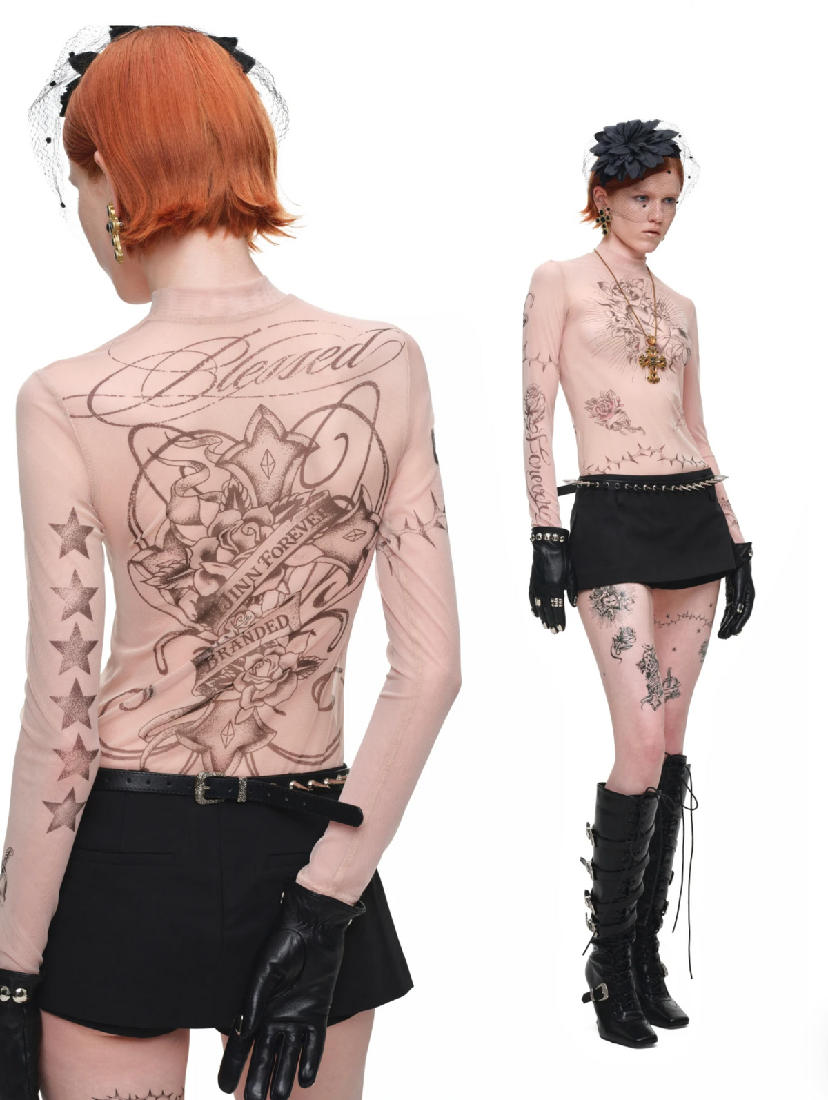 1JINN TATTOO MESH SECOND-SKIN TOP
