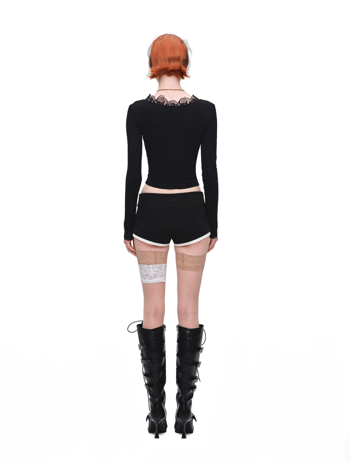1JINN ROSE LACE TRIM RIB KNIT TOP – BLACK