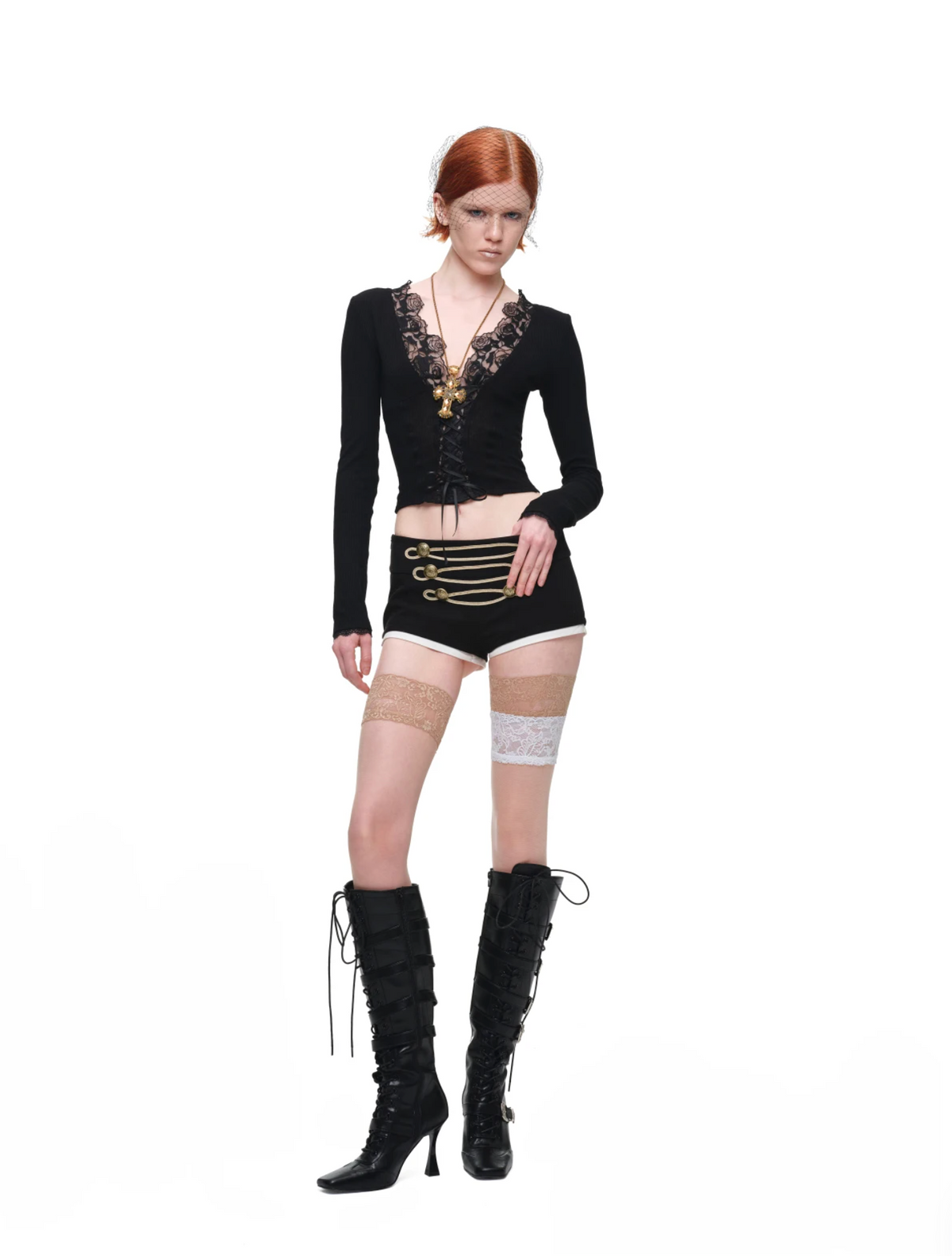 1JINN ROSE LACE TRIM RIB KNIT TOP – BLACK