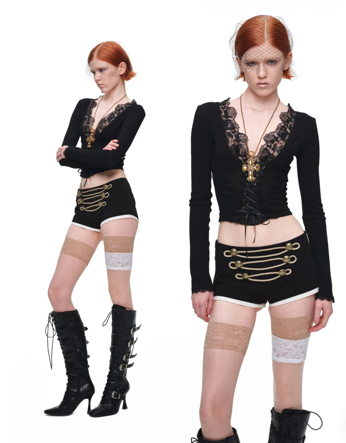 1JINN ROSE LACE TRIM RIB KNIT TOP – BLACK