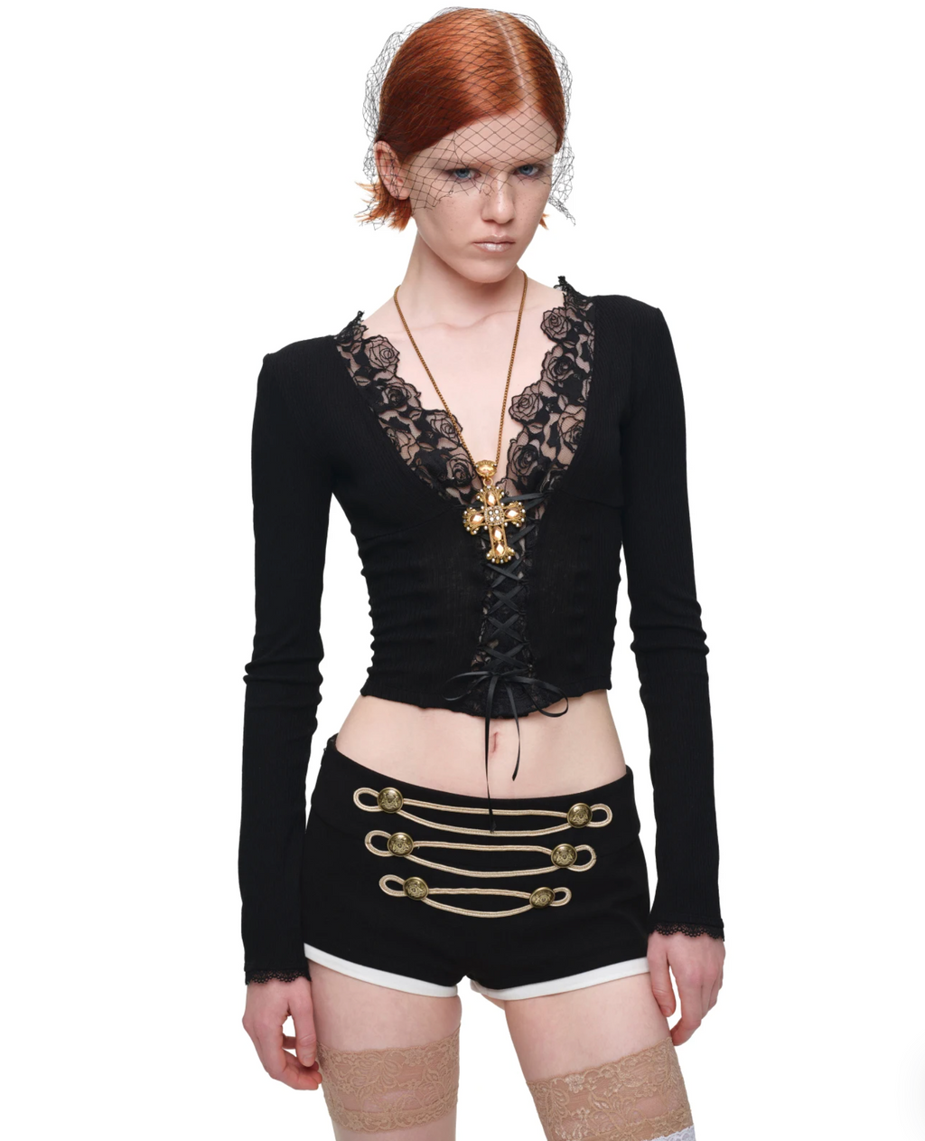 1JINN ROSE LACE TRIM RIB KNIT TOP – BLACK