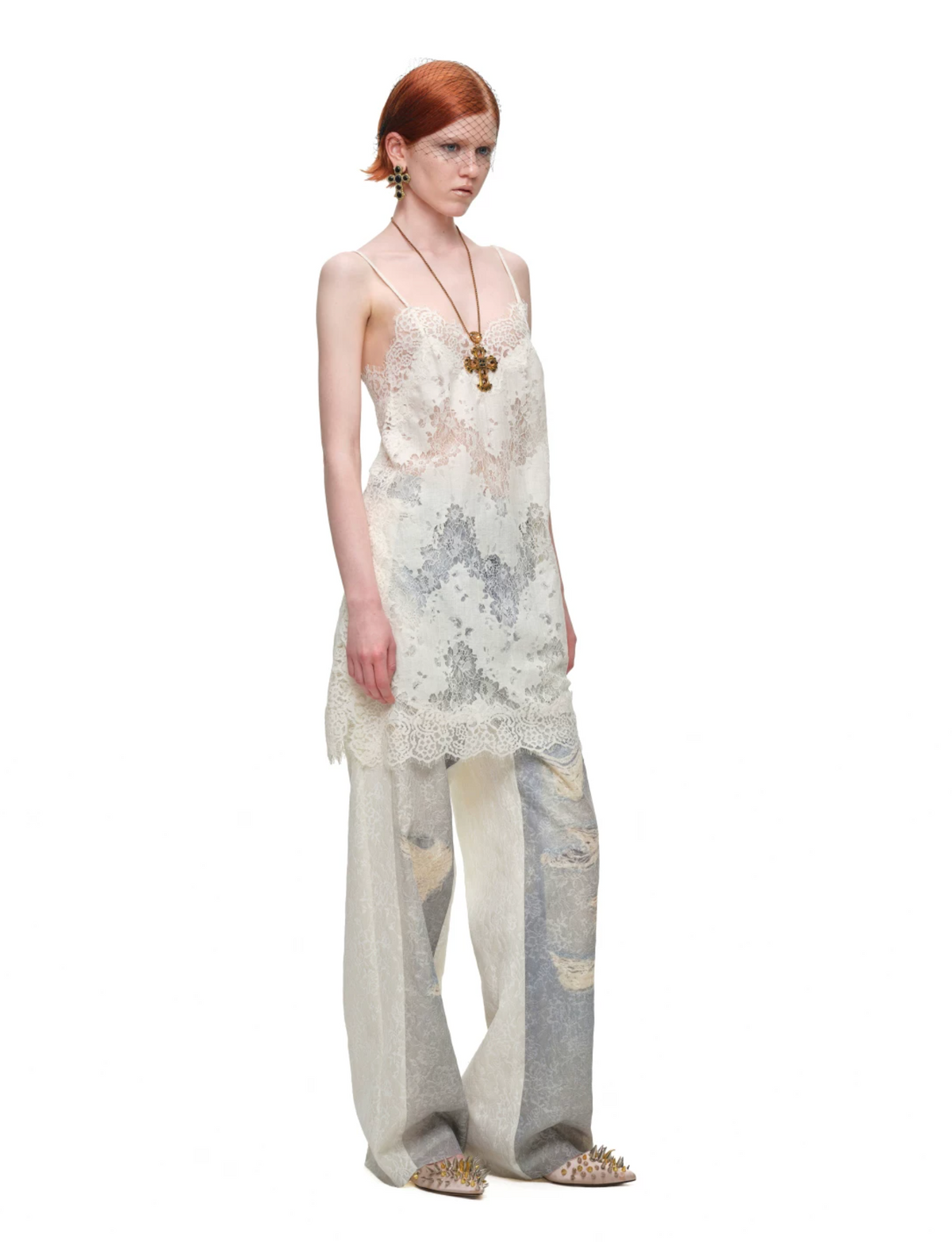VINTAGE TROMPE-L’ŒIL LACE WIDE-LEG PANTS