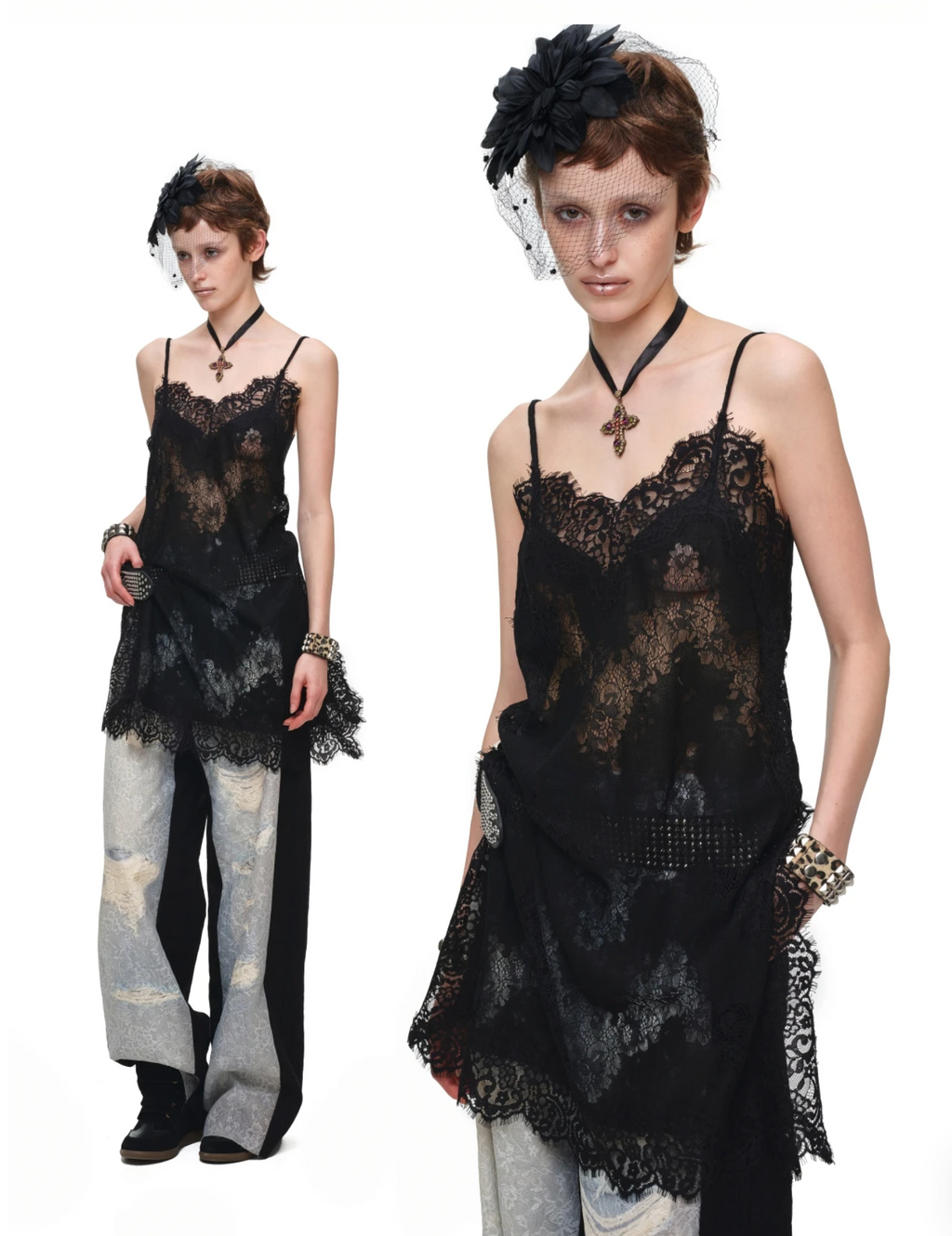 IN STOCK ♱ ROMANTIC LACE CAMISOLE SLIP DRESS or LONGLINE TOP - BLACK