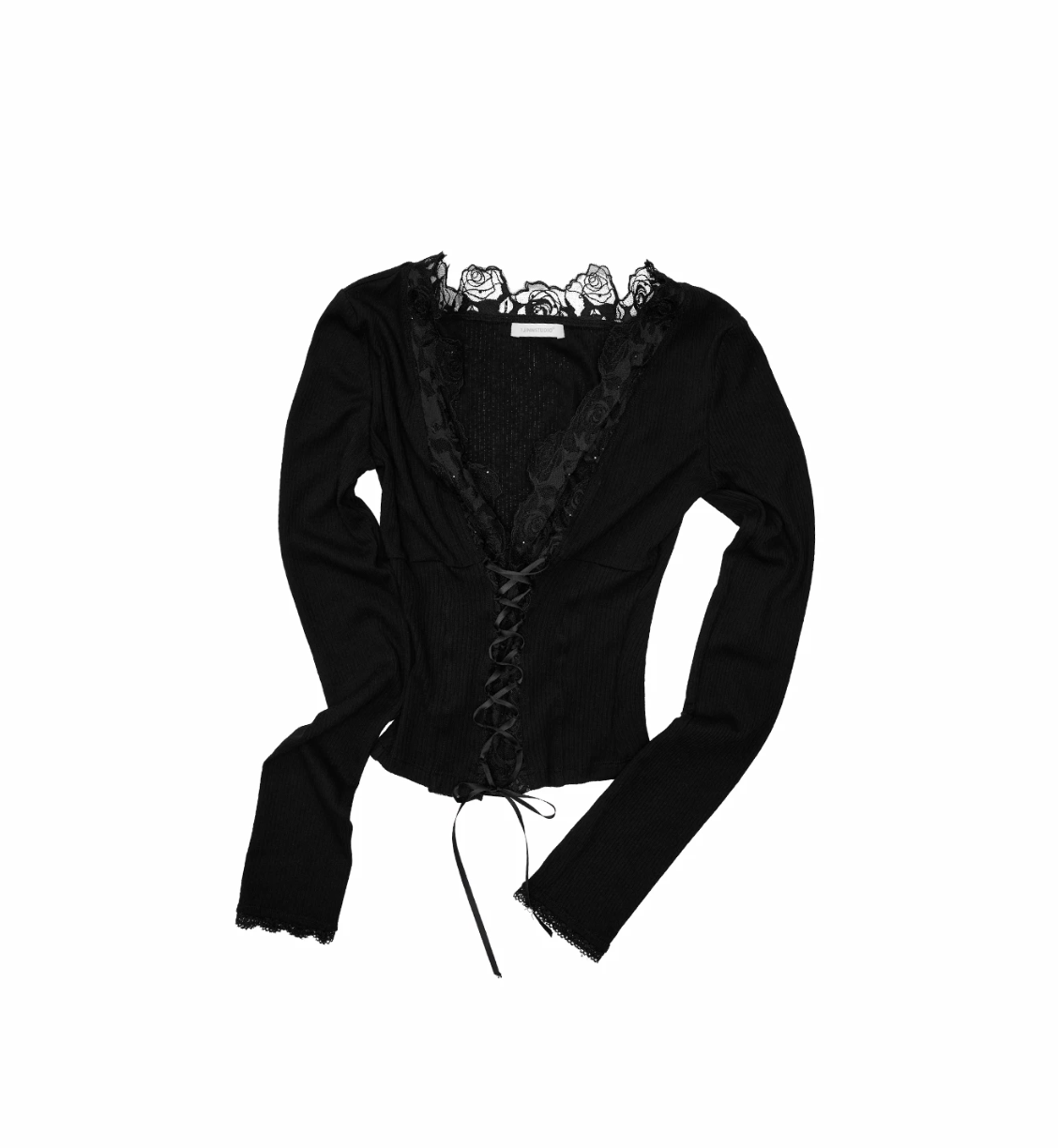 1JINN ROSE LACE TRIM RIB KNIT TOP – BLACK