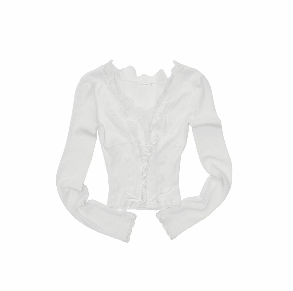 1JINN ROSE LACE TRIM RIB KNIT TOP – WHITE