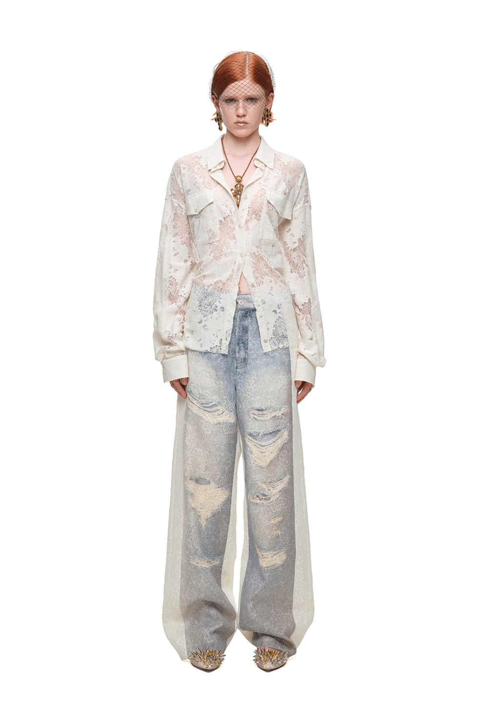 VINTAGE TROMPE-L’ŒIL LACE WIDE-LEG PANTS