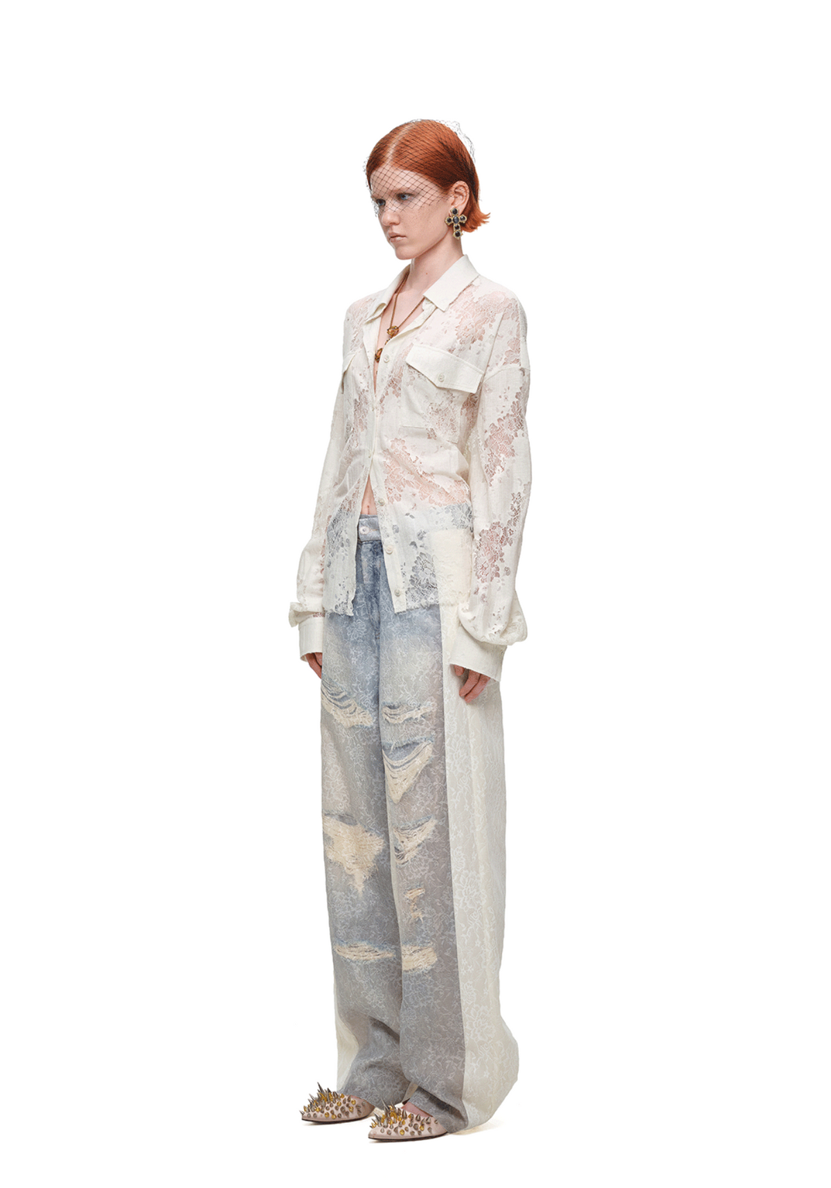 VINTAGE TROMPE-L’ŒIL LACE WIDE-LEG PANTS