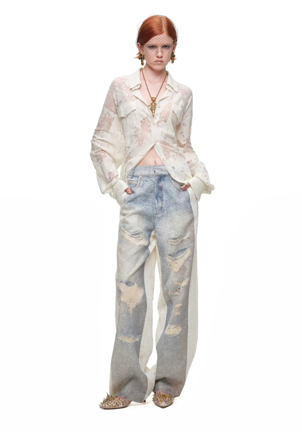 VINTAGE TROMPE-L’ŒIL LACE WIDE-LEG PANTS