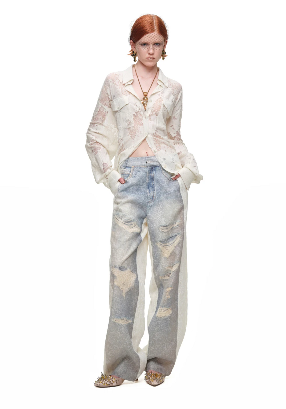 VINTAGE TROMPE-L’ŒIL LACE WIDE-LEG PANTS