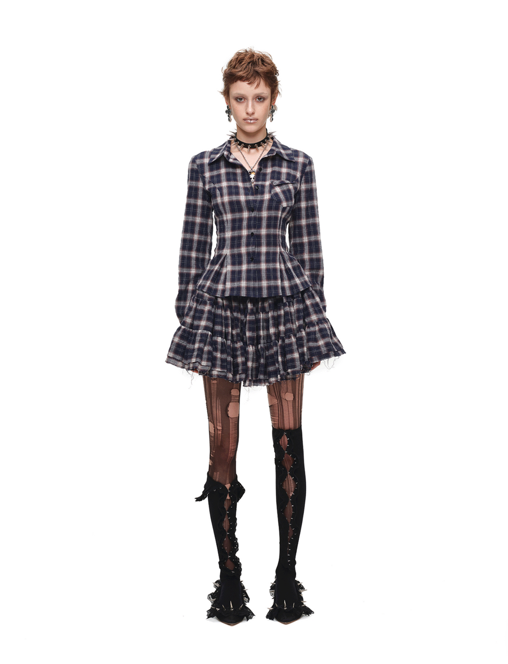 GRUNGE CHECK SHIRT & MINI SKIRT – NAVY BLUE PLAID