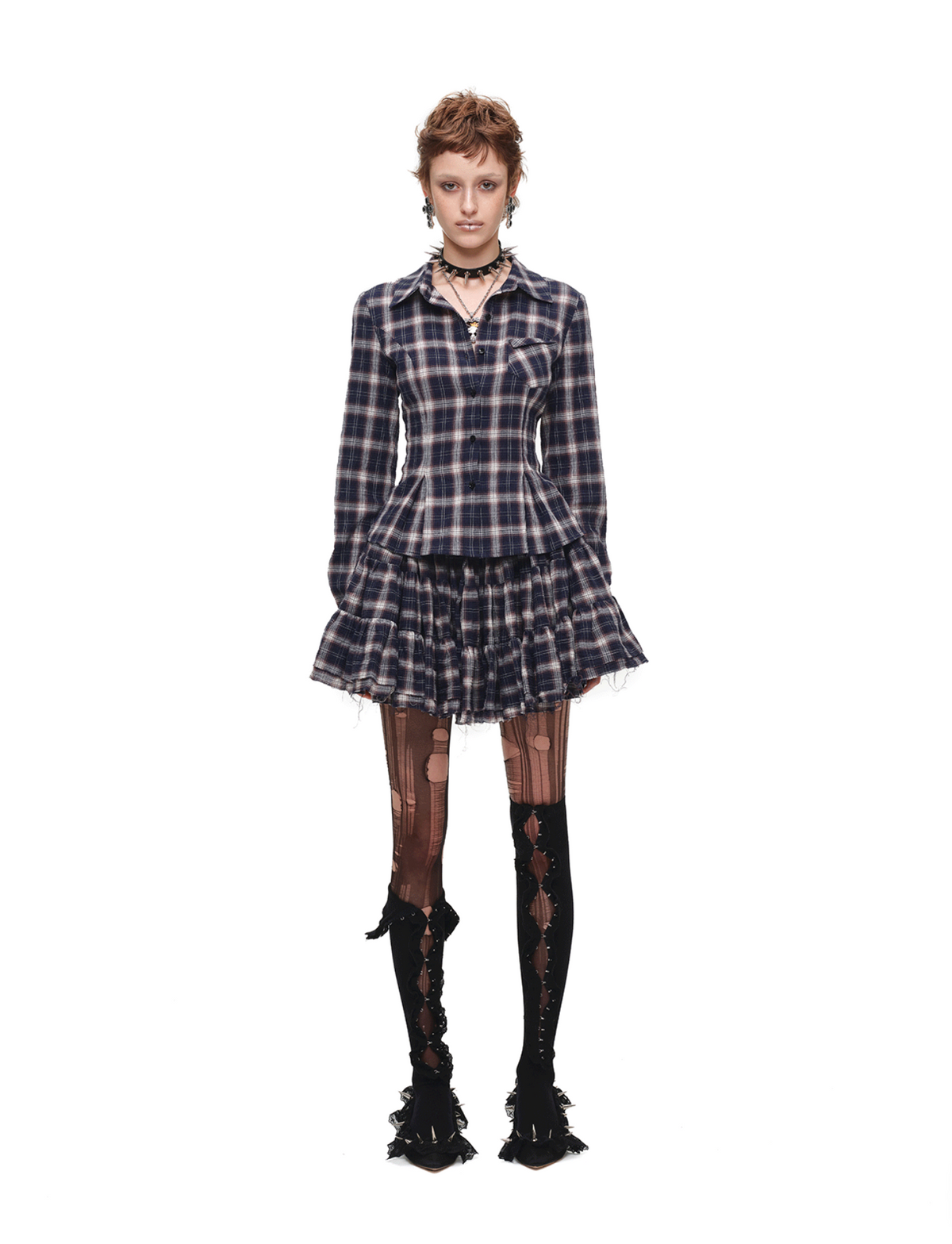 GRUNGE CHECK SHIRT & MINI SKIRT – NAVY BLUE PLAID