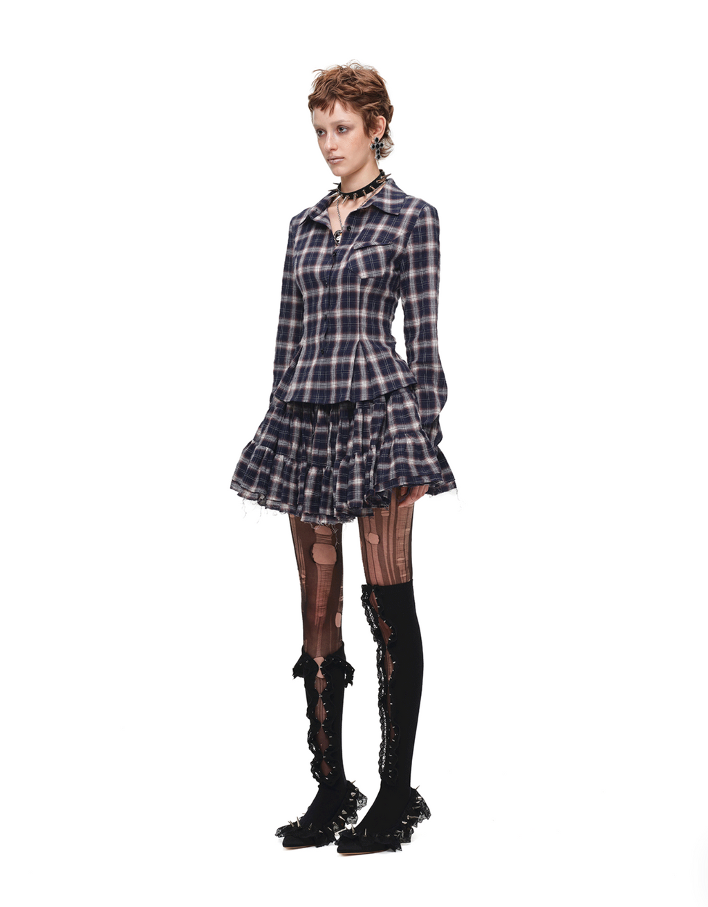 GRUNGE CHECK SHIRT & MINI SKIRT – NAVY BLUE PLAID