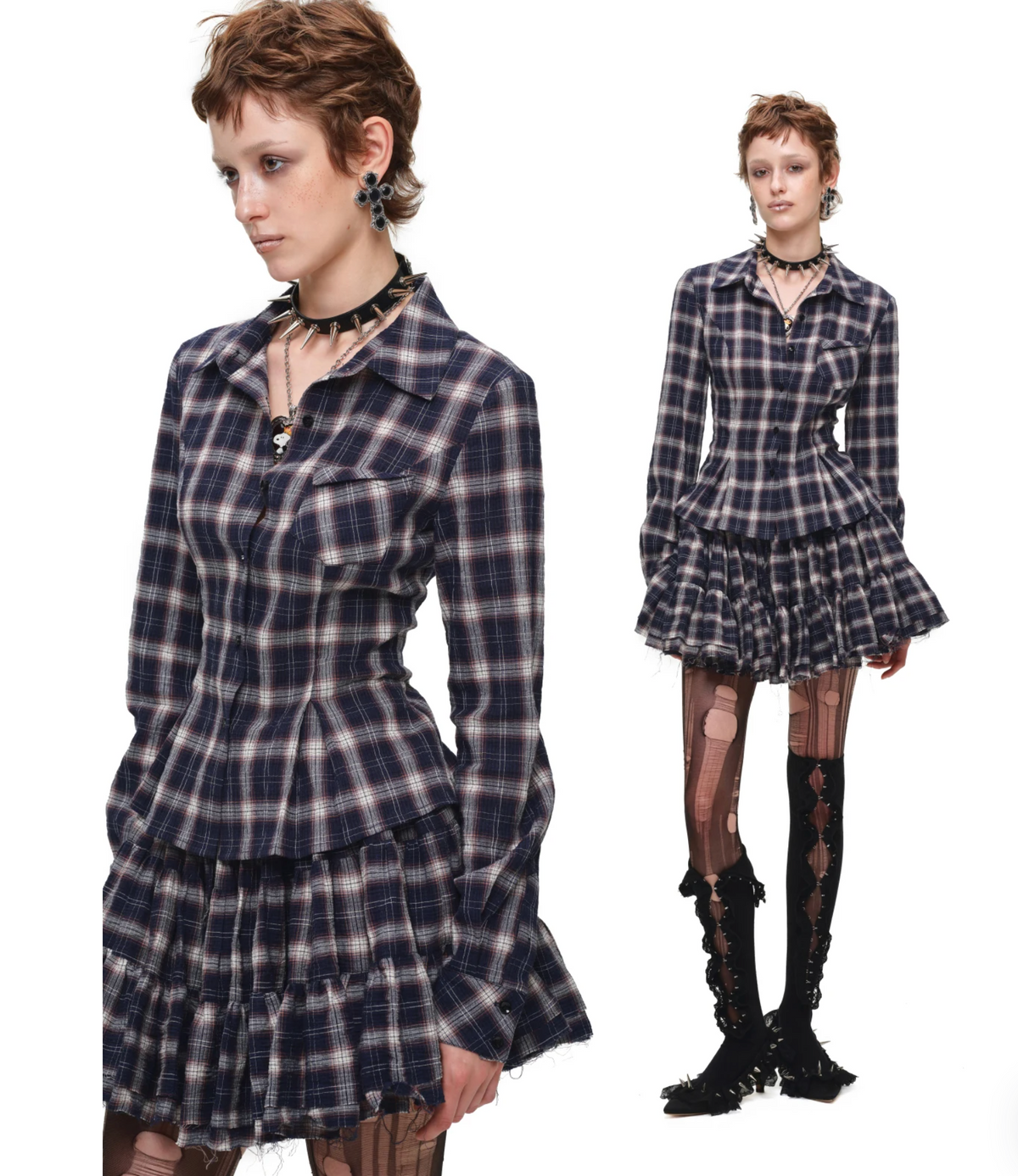 GRUNGE CHECK SHIRT & MINI SKIRT – NAVY BLUE PLAID