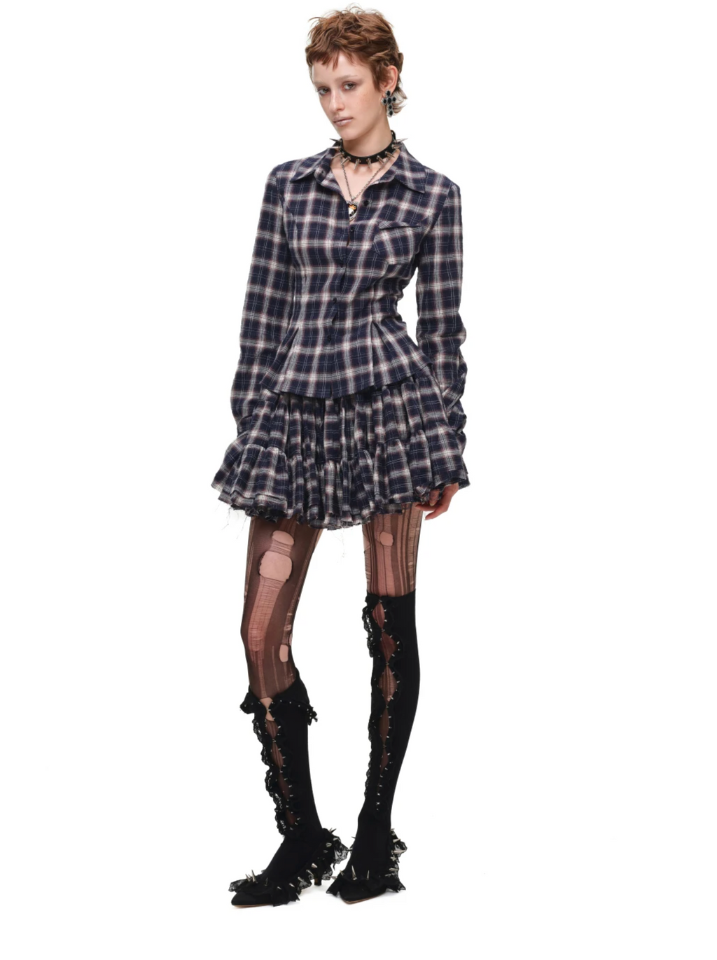 GRUNGE CHECK SHIRT & MINI SKIRT – NAVY BLUE PLAID