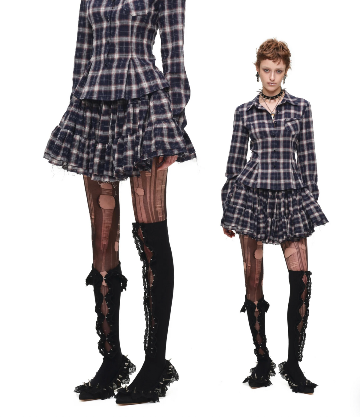GRUNGE CHECK SHIRT & MINI SKIRT – NAVY BLUE PLAID