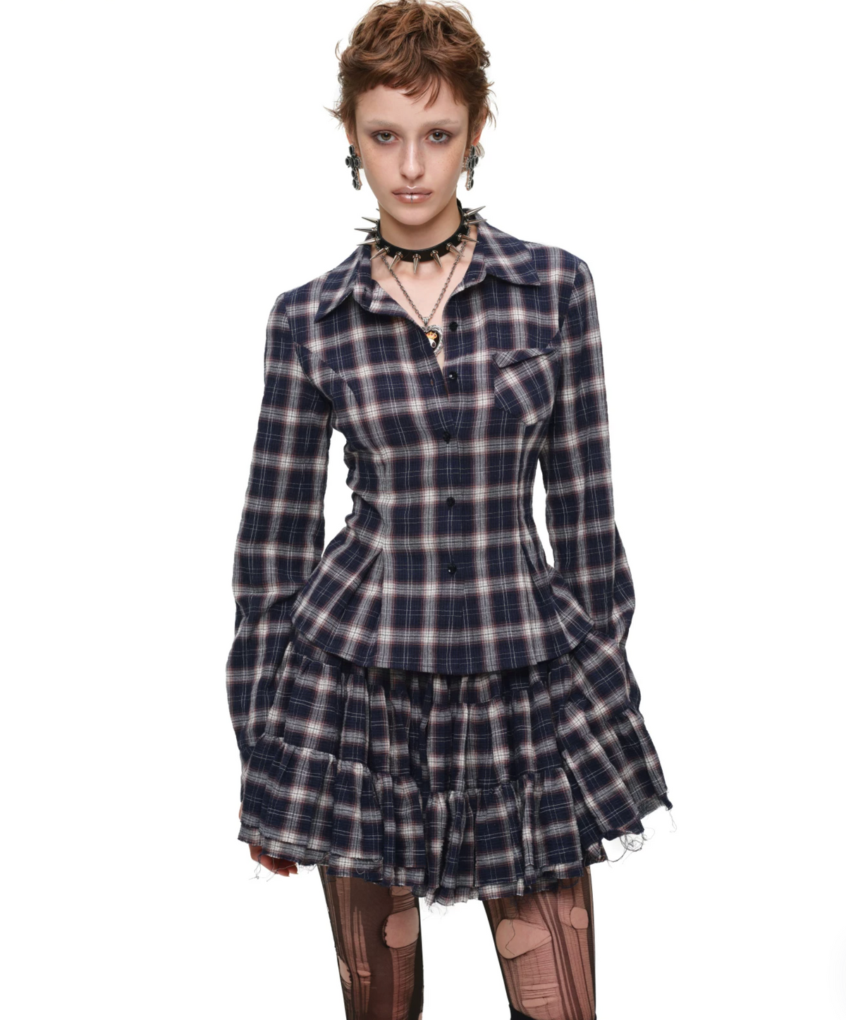 GRUNGE CHECK SHIRT & MINI SKIRT – NAVY BLUE PLAID