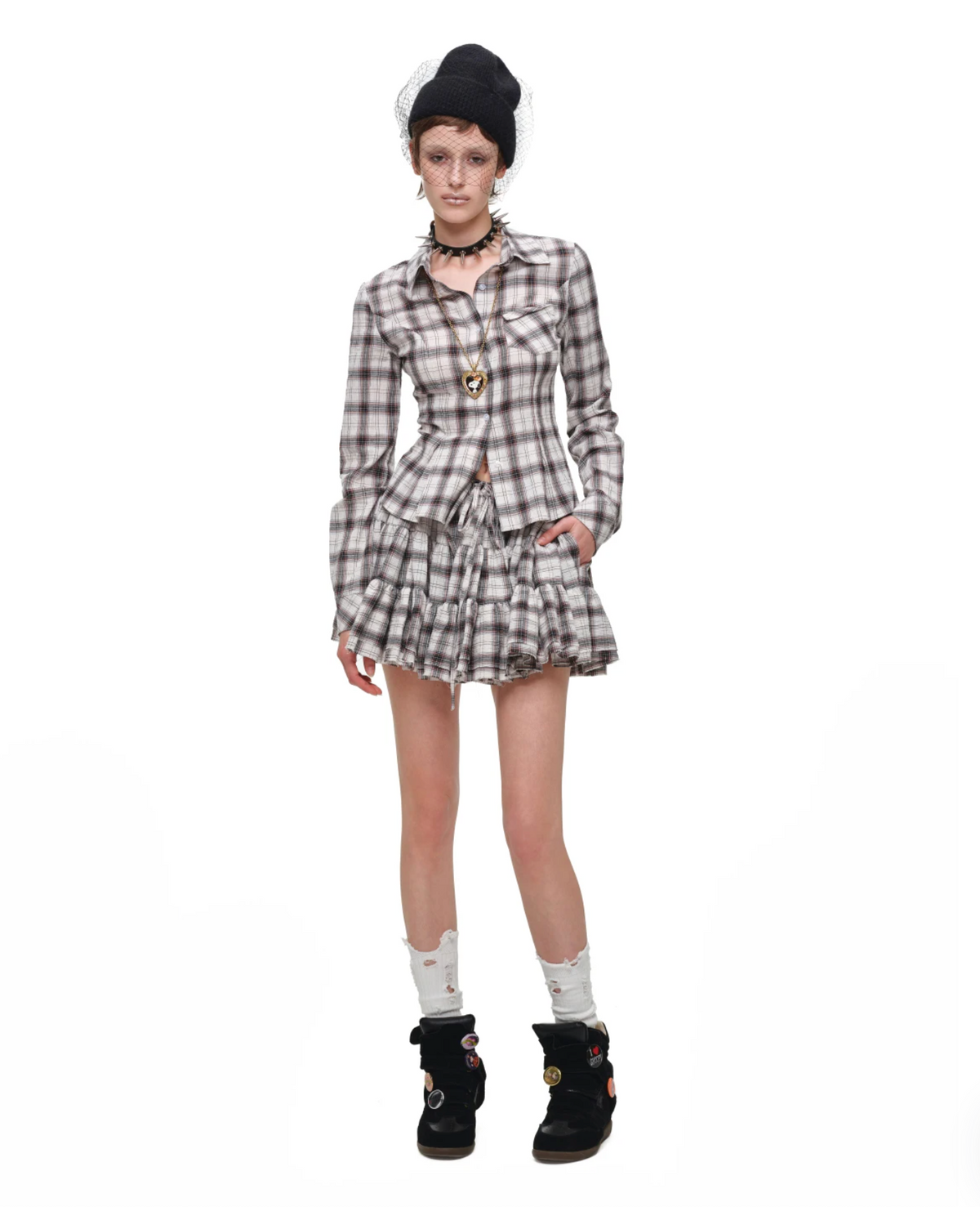 GRUNGE CHECK SHIRT & MINI SKIRT – BEIGE PLAID