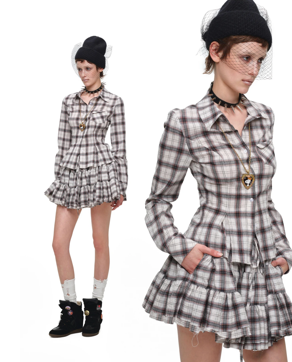 GRUNGE CHECK SHIRT & MINI SKIRT – BEIGE PLAID